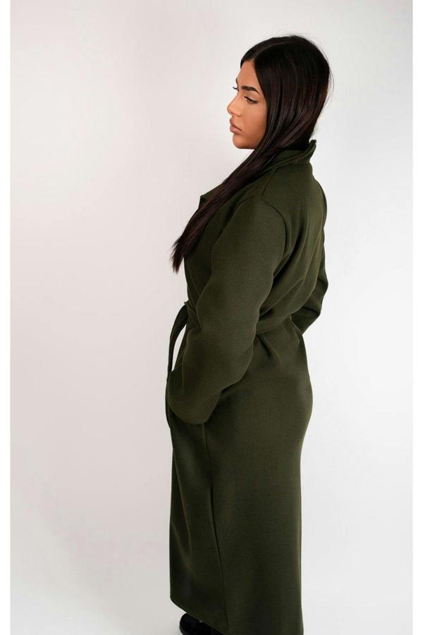 Marelle Belted Longline Coat With Button Detail - Khaki