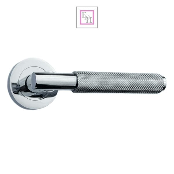 EDH Door Hardware Polished Chrome Knurled Door Handles on Round Rose – Modern Internal Lever Latch Handles