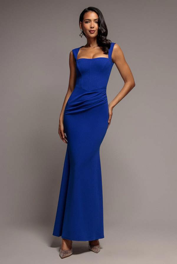 Sleeveless Waist Pleated Scuba Crepe Maxi Dress - Royal Blue DR5291