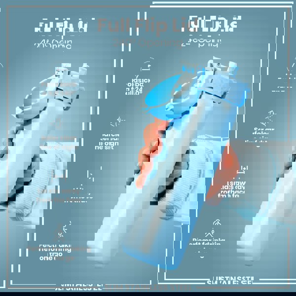 A light blue, slim stainless steel water bottle is held; its full flip lid provides a 240° opening. The bottle's design prioritizes safety and ease of use while on the go.