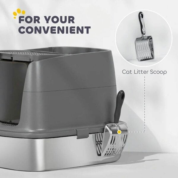 Large Stainless Steel Litter Box, Enclosed Metal Cat Litter Tray with Scoop, Deodoriser Bag, Front-Entry and Top-Exit