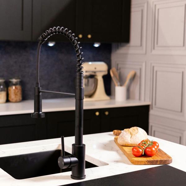 Flode Fjädra | Pull Out Kitchen Sink Mixer Tap | Spring Style Mixer Tap | Matt Black | Round Head