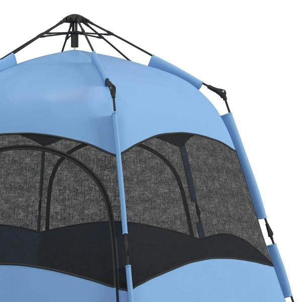 Blue and black hexagon camping tent with dark front panels and open arched doorway