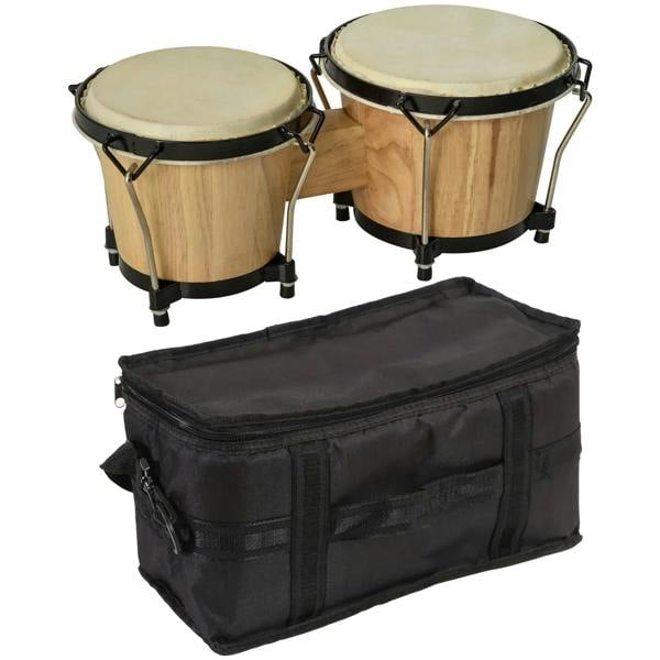 Natural wood bongo drums set with two heads and black carrying case