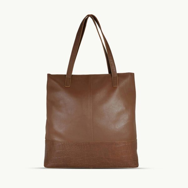 Assots London 'SIENNA' Tan Croc + Pebble Grain Unlined Leather Tote Bag