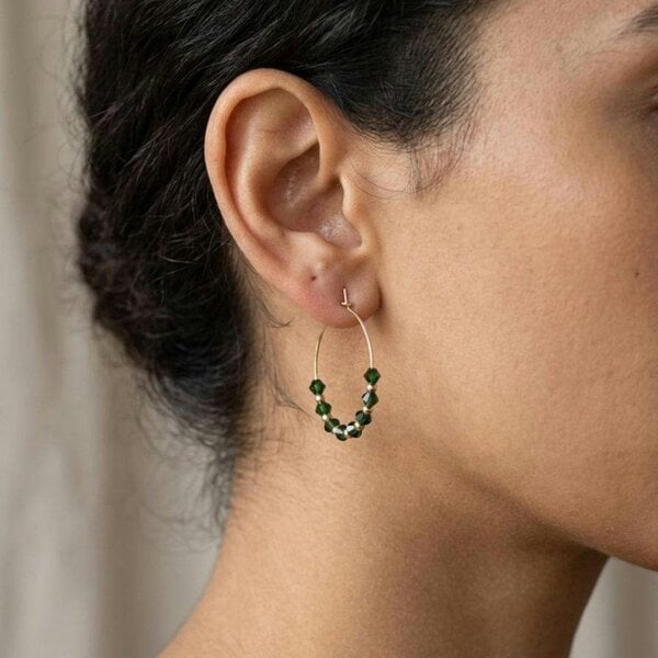 The Colourful Aura Gold Red Beaded 30mm Huggie Multicolour Dainty Boho Summer Hoop Bali Earring - Green