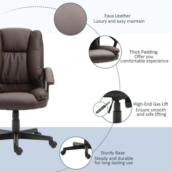 Brown mid-back office chair with cushioned seat and back, gas-lift base and rolling wheels