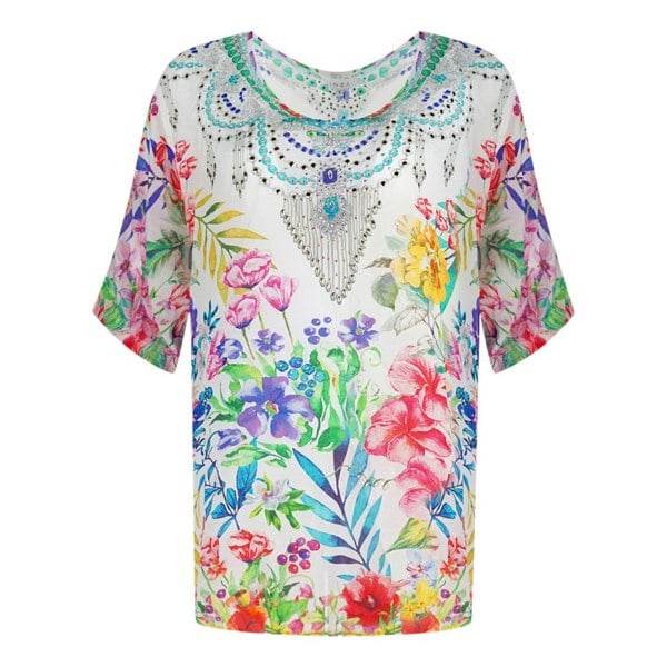 Inoa White Floral Multicoloured Long Sleeve Silk Fish Top