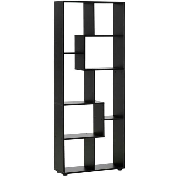 Black 8-tier freestanding bookcase with open grid shelves and anti-tipping pads