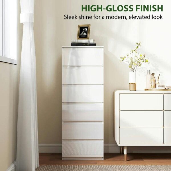 Chest of Drawers High Gloss Finish 6 Drawer Dresser Space Saving Slim Design Handle Free Drawers High-Gloss White