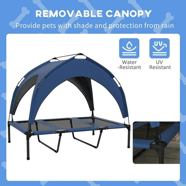 Dark blue raised cooling pet bed with removable canopy and water-resistant icons