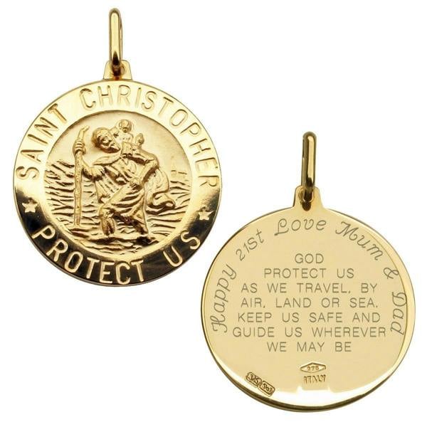Christopher James of London 9ct Yellow Gold 21mm 3D St Christopher Pendant With Travellers Prayer Optional Engraving and Chain