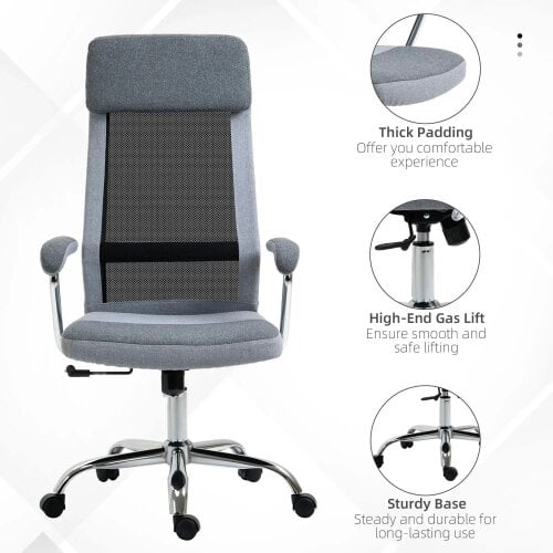 Bobobiy Office Chair, High Back Computer Chair with Adjustable Height, Swivel Rolling Wheels, Mesh Back and Linen-Feel Fabric Seat, Grey