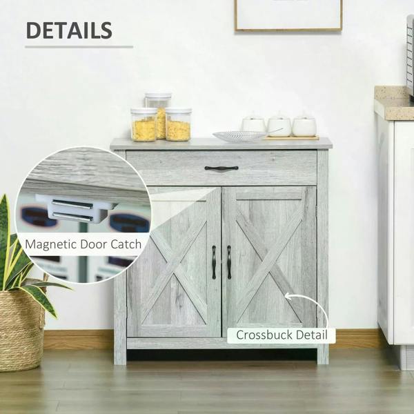 Grey sideboard with X crossbuck barn doors and black curved magnetic catches