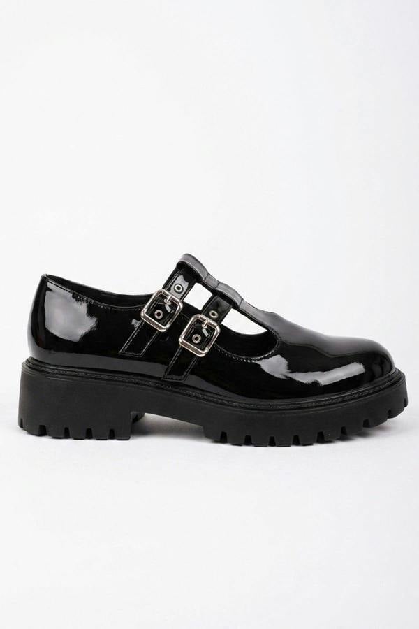 Pearl Chunky Sole Double Buckle Shoes - Black