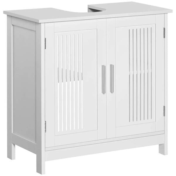 White under sink cabinet with two doors and vertical slatted front panels
