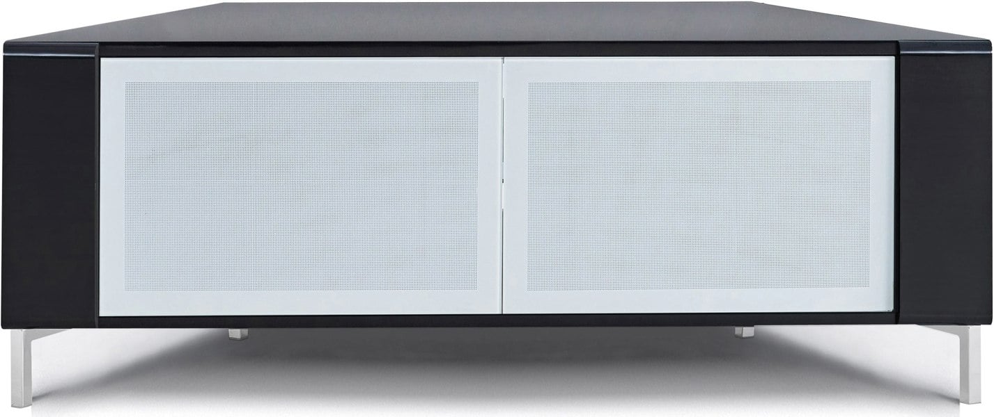 MDA Designs CORVUS Corner-Friendly Gloss Black Contemporary Cabinet with Black Profiles White BeamThru Glass Doors for Flat Screen TVs up to 50"