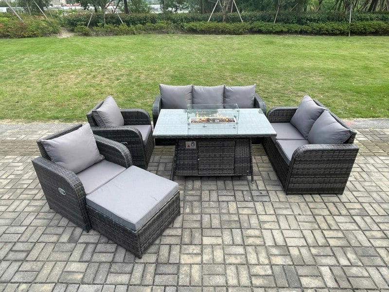 Fimous PE Wicker Outdoor Rattan Garden Furniture Set Propane Gas Fire Pit Table and Sofa Chair set with Big Footstool