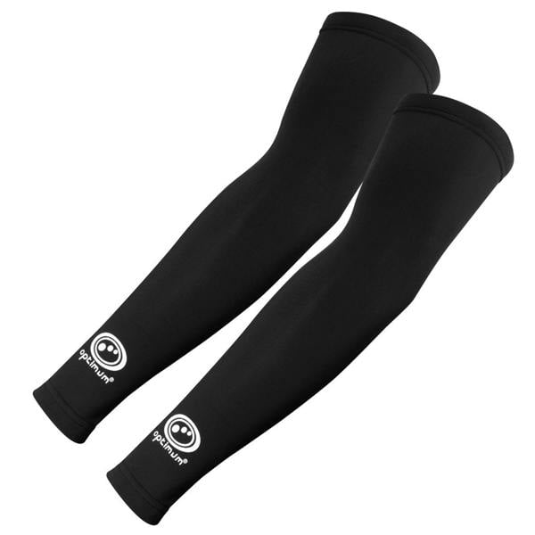 Pair of black Optimum Hawkley arm warmers with white logo at the cuff, on white background - Optimum