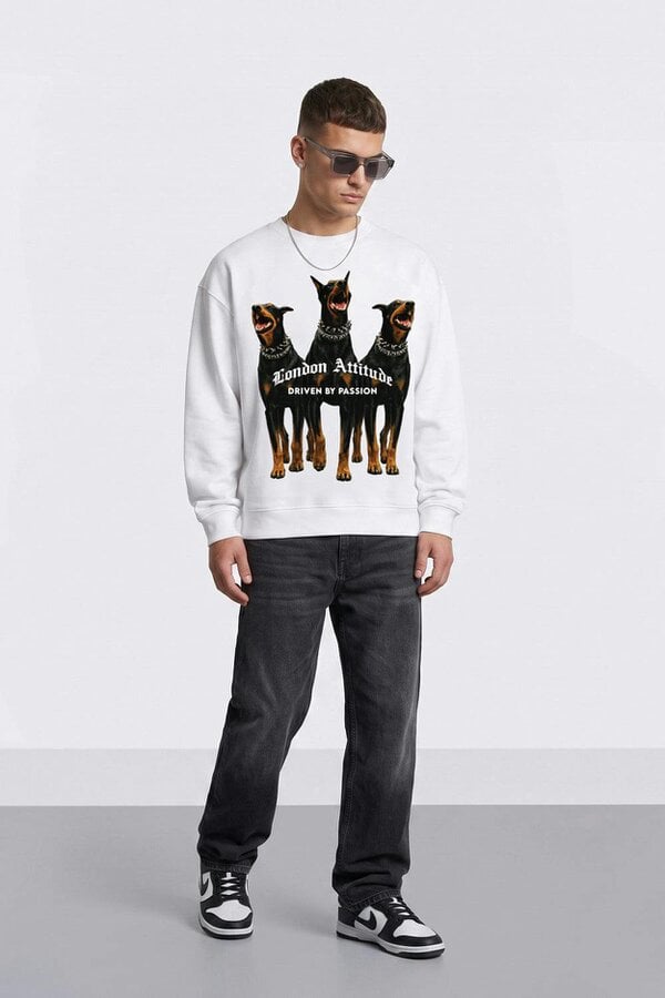 London Attitude Doberman Graphic Relaxed Oversized Fit Sweatshirt - White