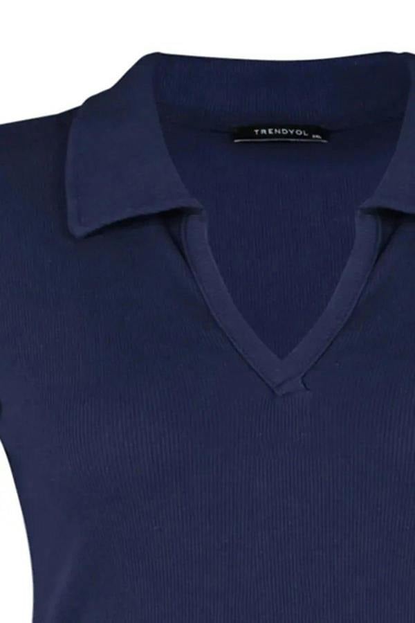 WOVCOR Polo Collar Body-Fitting Ribbed Knit Blouse
