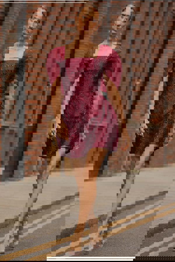 Lace Up Jacquard Mini Dress With Organza Wings - Burgundy Red DR4781