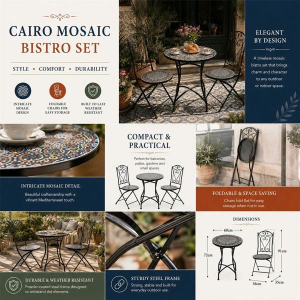 60cm Cairo Mosaic Bistro Set image 12