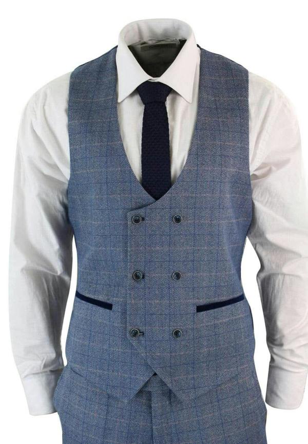 Marc Darcy Mens 3 Piece Blue Grey Herringbone Check Suit