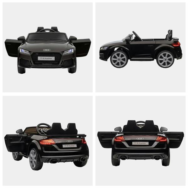 Black Audi TT RS ride-on car showing front, side, rear, and open-door views