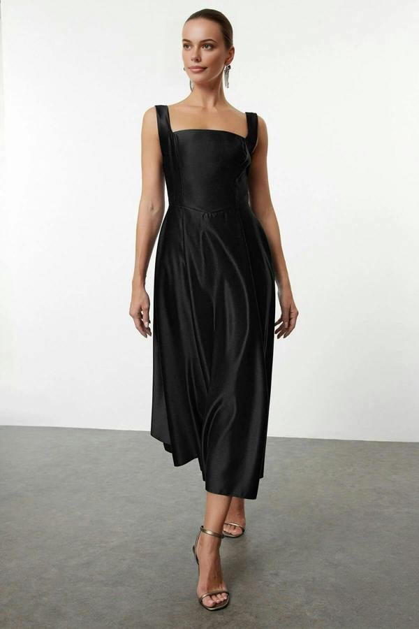 Square Neck Thick Strap A-Line Satin Maxi Dress