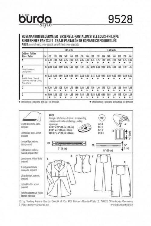 Burda Sewing Pattern 9528 Costumes and Vintage Style For Kids and Teenagers, Ages: 7-14 - Intermediate
