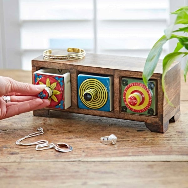 Paper High Multicoloured Mango Wood 3 Drawer Jewellery Box