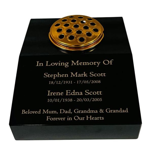 Memorials Direct Black Granite Sloping Memorial Desk with Vase for Two Names Free Gold Engraving