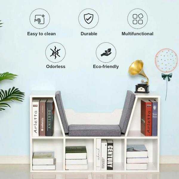White cube storage shelf with gray cushioned seat and multiple storage compartments