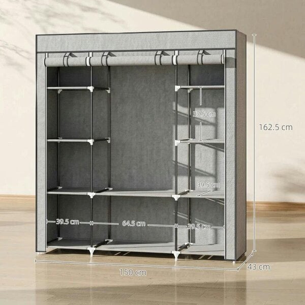Clothes Storage Organiser with Hanging Rail, Shelves, Portable Wardrobe, Foldable Fabric Wardrobe, Light Grey