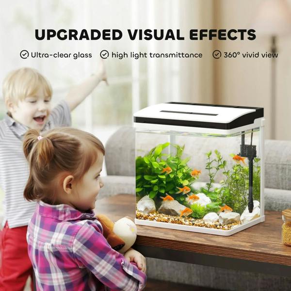 Glass fish tank with orange fish, live plants, and black LED hood on a table