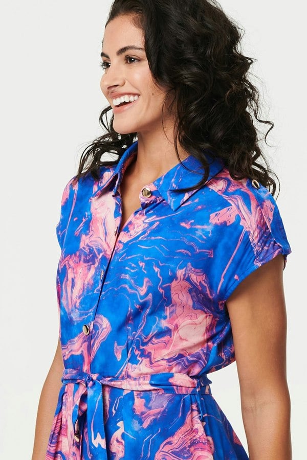 Blue | Marble Print Knee Length Shirt Dress
