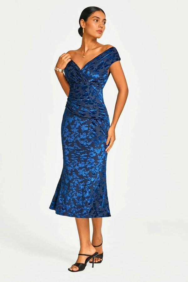 FS Collection Floral Velvet Devore Bardot Pleated Midi Dress In Navy