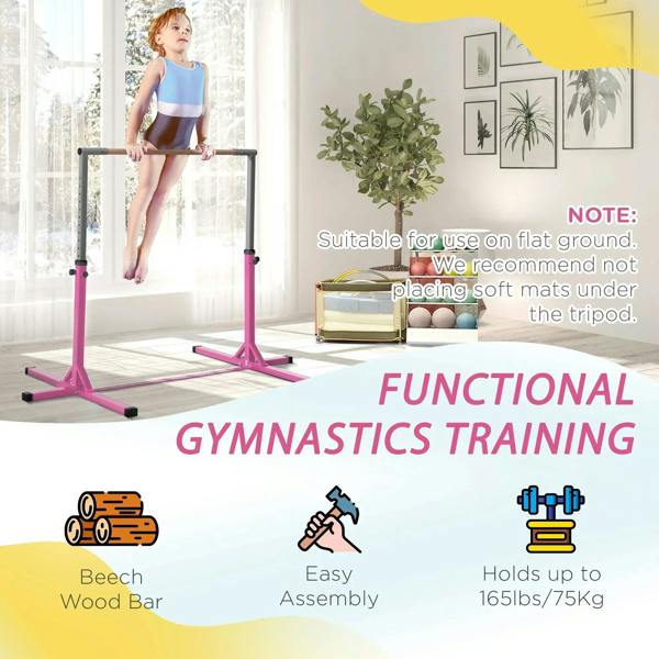 Pink kids gymnastics training horizontal bar with wooden grip and stable base