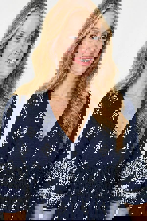 Navy | Border Print V-Neck Knee Length Dress