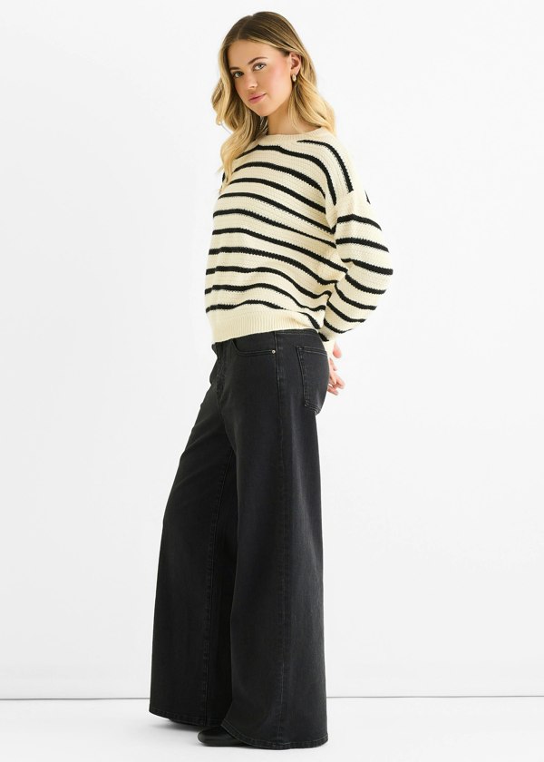 Gini London Beige Stripe Chunky Knit Oversized Jumper