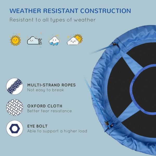 Blue round hanging swing seat with stitched edge and visible reinforced fabric panel