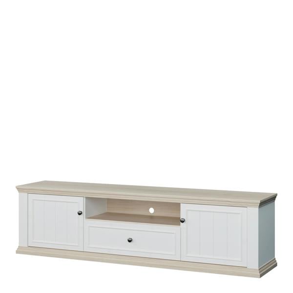 Furniture To Go Pontypool Wide TV Unit with 2 Doors, Drawer & Open Shelf in White and Riva Oak