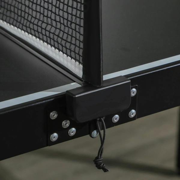 Net support bracket with tie cord on black mini ping pong table