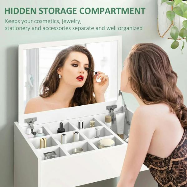 White vanity flip mirror with divided organizer tray and compact padded stool