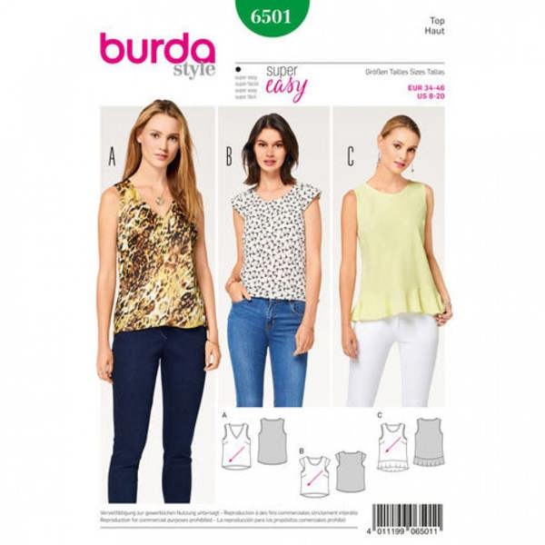 Burda Sewing Pattern 6501 Tops For Women, 8 to 20 - Easy