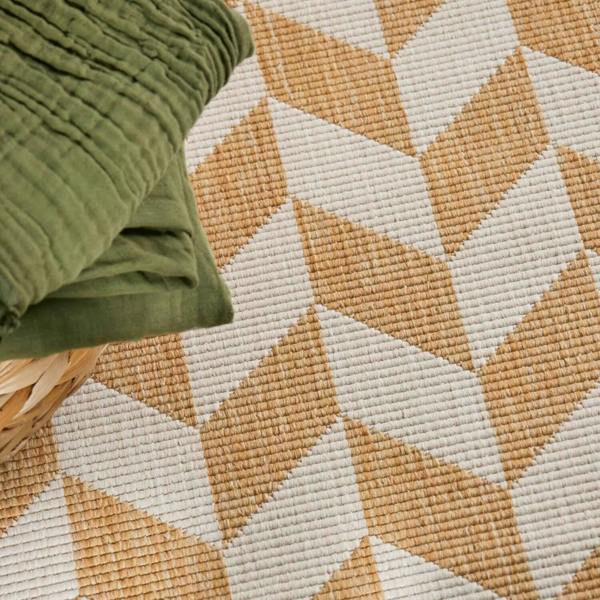Geometric patterned rug with a green pillow on top