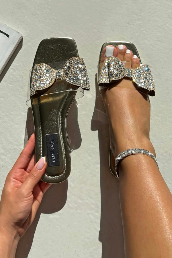 Love Lemonade Sparkle Glam Bow Jelly Strap Sliders Gold