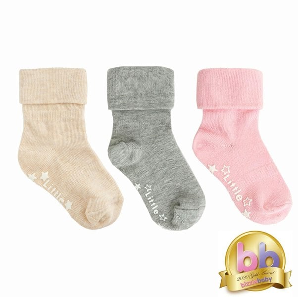 Little Sock Co. Non-Slip Stay On Baby and Toddler Socks - 3 Pack in Fairy Tale Pink, Oat & Grey Marl