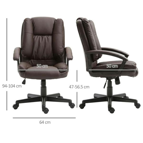 Brown mid-back office chair with armrests, front and side views on swivel casters